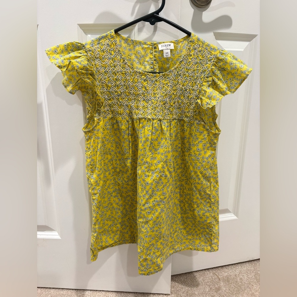 J. Crew Yellow Floral Smocked Ruffle Sleeve Top Size XS